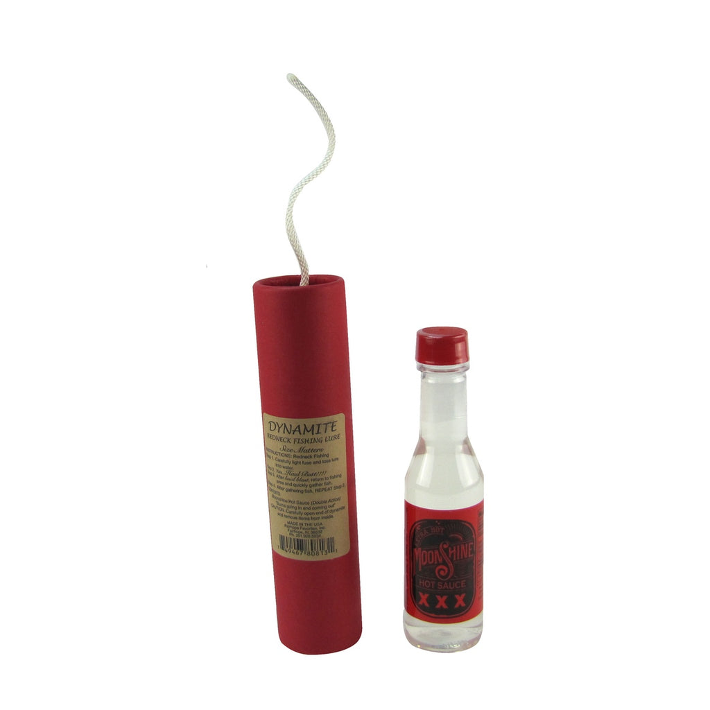 fish lure coming out of a bottle of alcoholic Novelty Fishing Lure Joke Gag Gift Moonshine XXX Hot Sauce Big Stick Dynamite