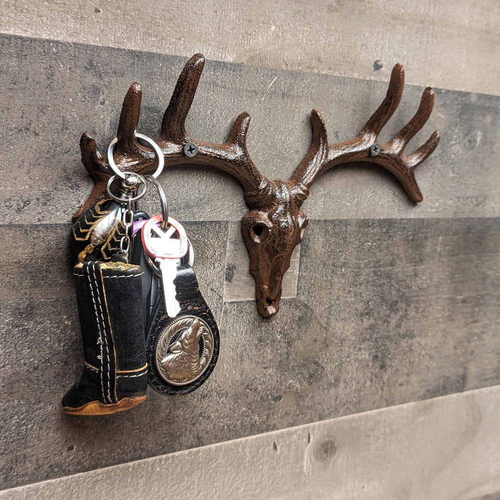 Deer Skull Antler Hooks Wall Mount Western Coat Rack Key Ring Rustic Home Decor