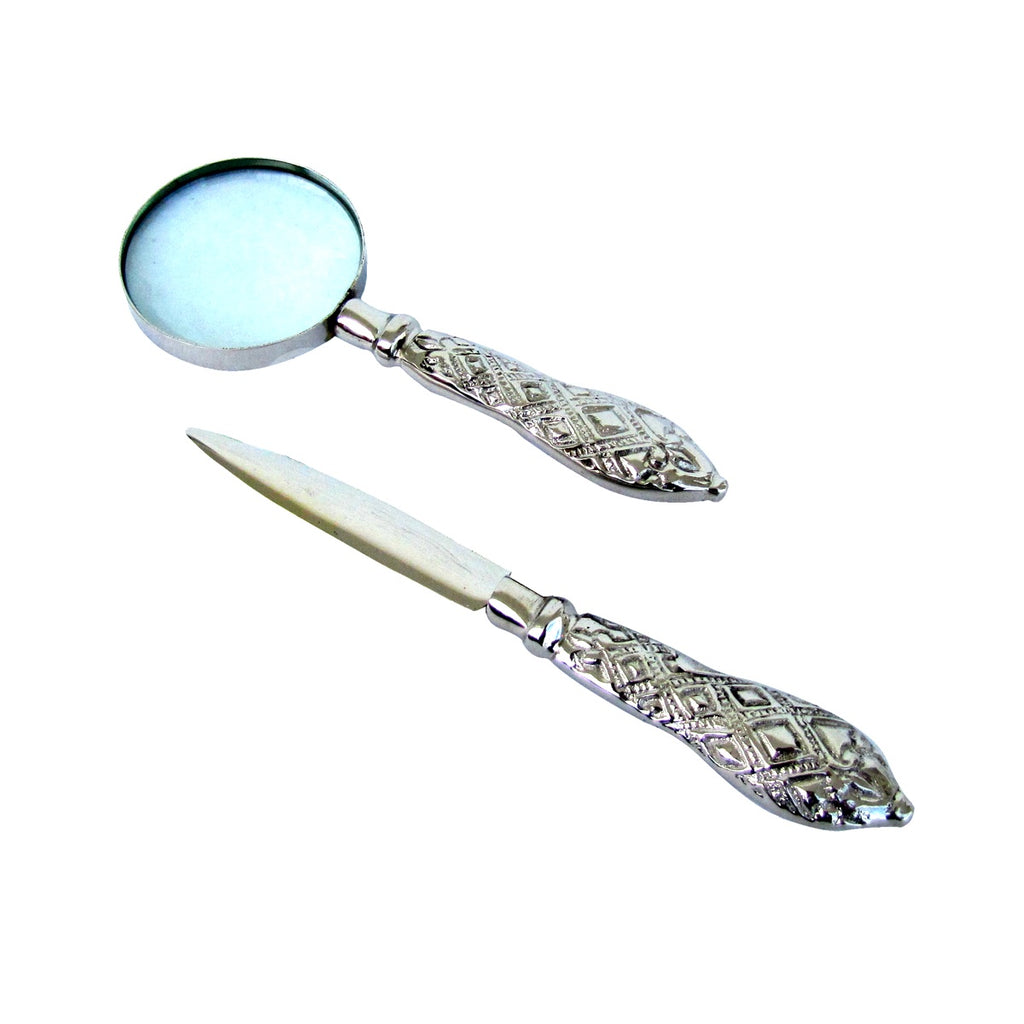 Silver Handled Letter Opener and Magnifying Glass Desktop Set